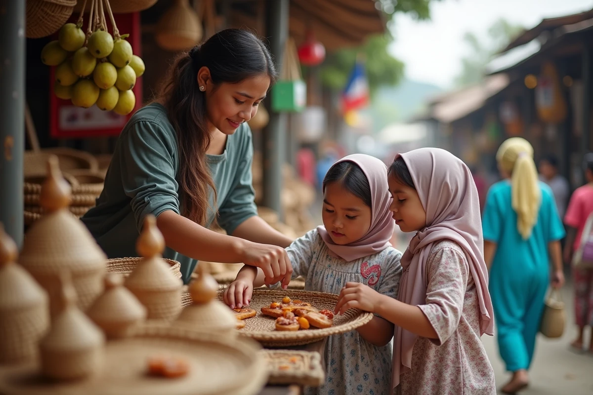Mère et filles explorant un marché coloré de Mindanao