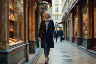 Femme élégante dans Passage Vivienne en tenue chic