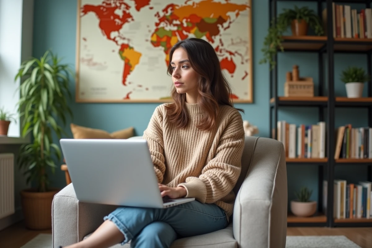 Blogueuse voyage travaillant à domicile sur son ordinateur