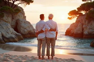 Couple en linen sur la plage de Palombaggia au coucher de soleil