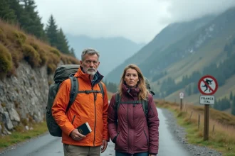 Couple en randonnée avec passeports à la frontière montagneuse