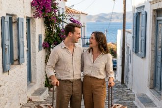 Couple souriant dans un village grec en été avec murs blancs et bougainvilliers
