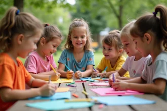 Groupe d'enfants créant des activités manuelles en extérieur