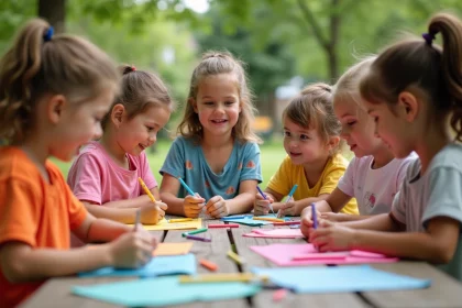 Groupe d'enfants créant des activités manuelles en extérieur
