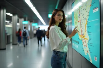Jeune femme regardant un plan du metro à Dubai