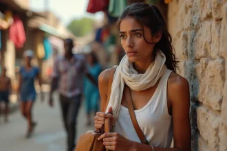 Jeune femme inquiète à Zanzibar avec mur en pierre