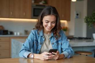 Jeune femme souriante utilisant son iPhone dans la cuisine