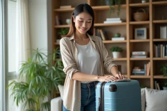 Femme nettoyant une valise compacte dans un salon lumineux