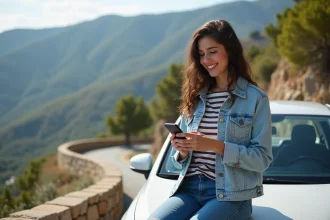 Jeune femme souriante avec smartphone face paysage côtier