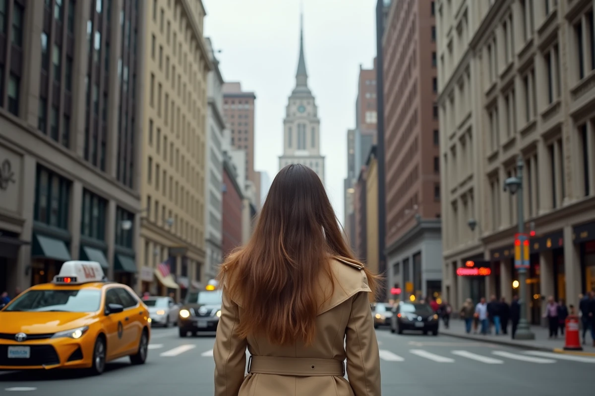 Jeune femme en trench beige admire la façade du Woolworth