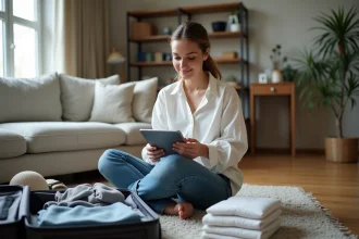 Femme vérifiant sa liste de voyage sur une tablette dans un salon