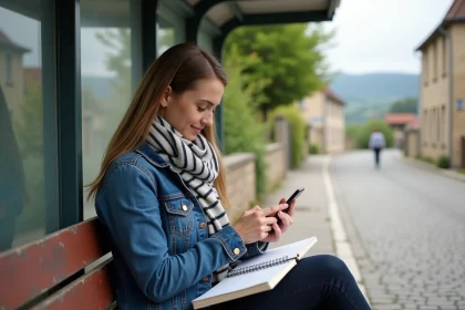 Jeune femme au village vérifiant son itinéraire