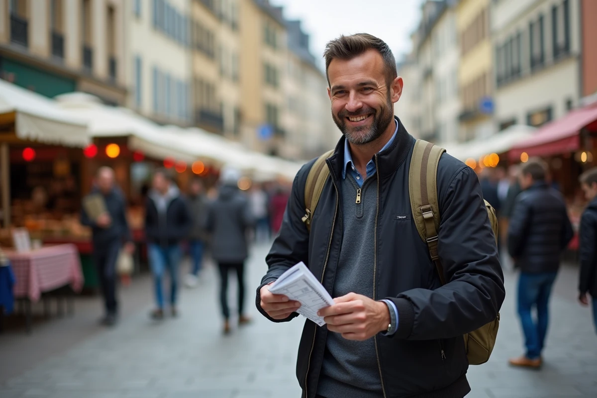 Homme sortant du bus dans une place animée