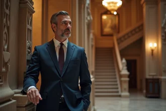 Homme en costume navy devant le lobby du Woolworth Building
