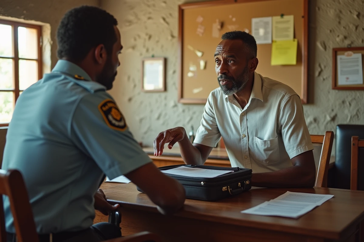 Homme parlant avec un policier dans un poste à Zanzibar