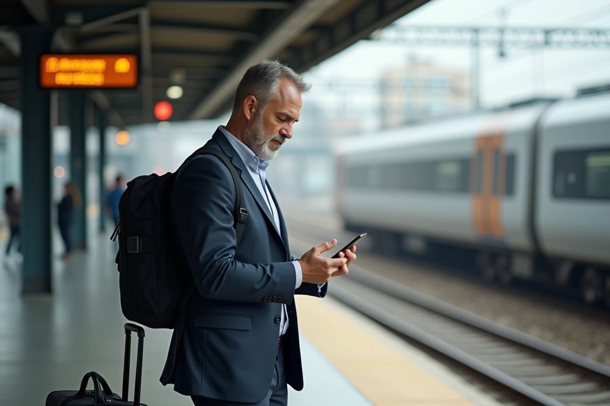 Homme d affaires regardant le train à la gare en partance