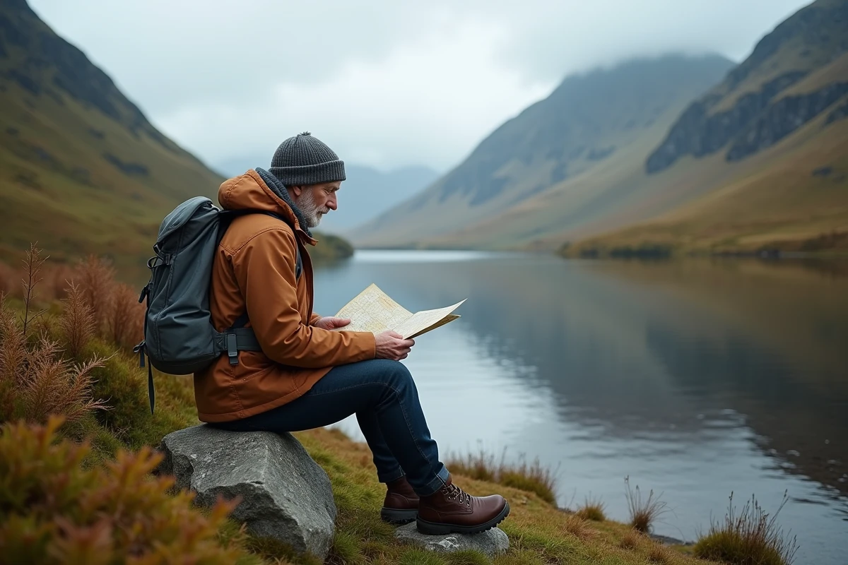 Homme méditant en pleine nature avec une carte dans les Highlands