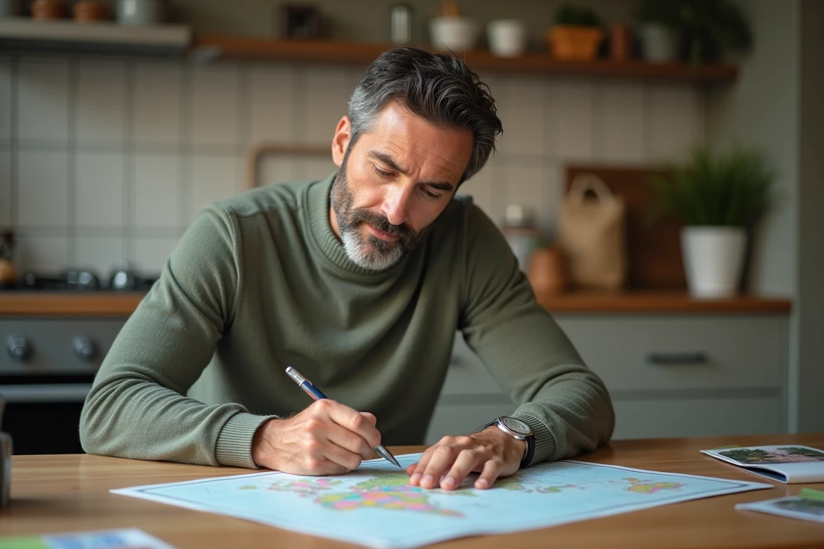 Homme en train de planifier voyage avec carte dans cuisine