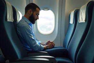 Jeune homme musulman priant dans un avion