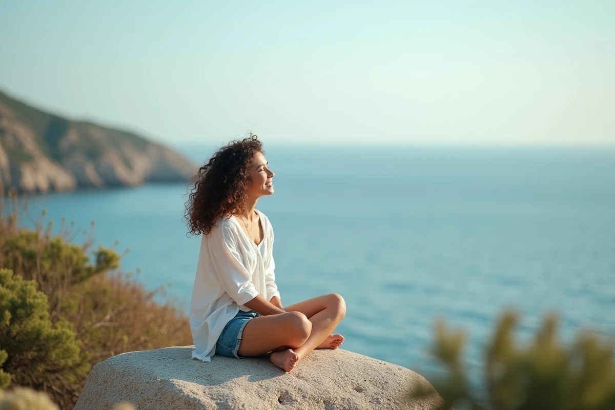 Jeune femme assise sur un rocher face à la mer en méditerranée