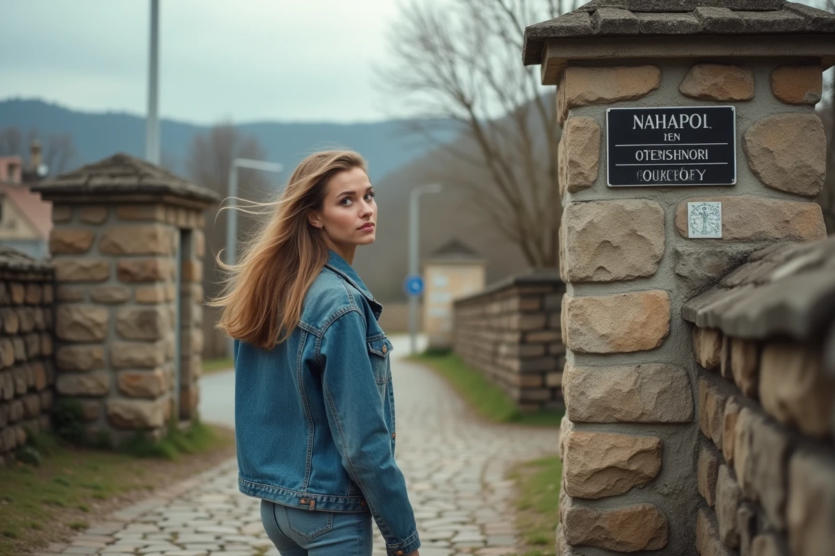 Jeune femme regardant le panneau à la frontière villageoise