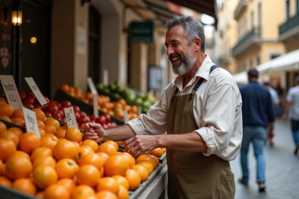 Homme sicilien achetant des oranges au marché de Palerme