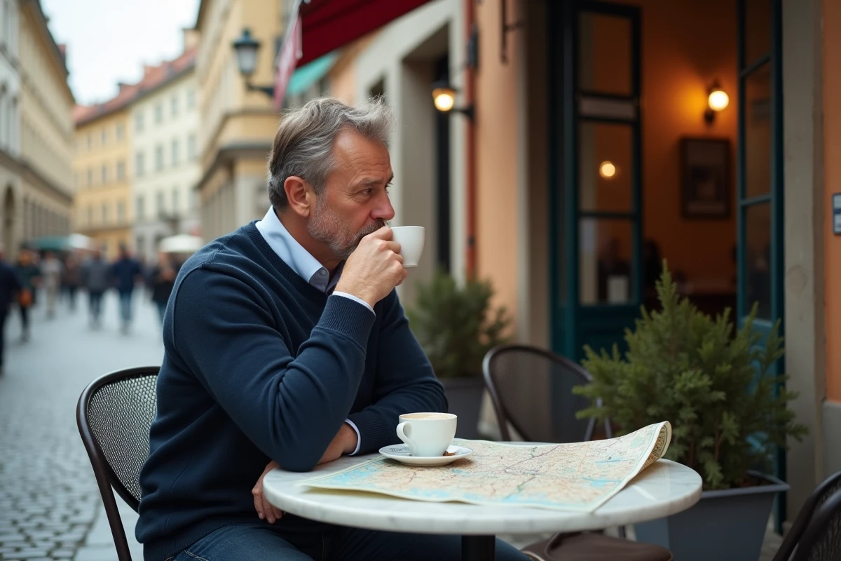 Voyageur en escale savourant un café viennois en terrasse dans une rue historique de Vienne