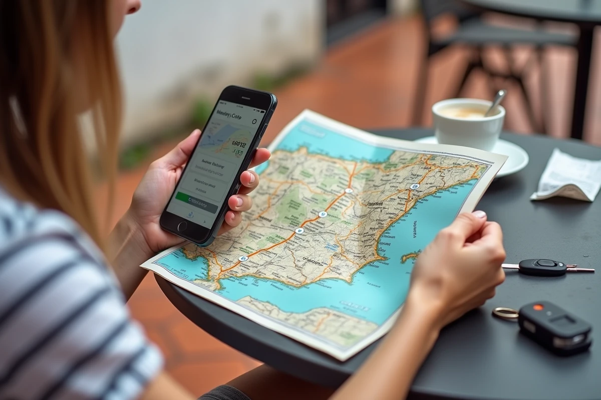 Femme consultant une carte routière de l'Espagne et une application de navigation pour calculer le coût d'un trajet autoroutier