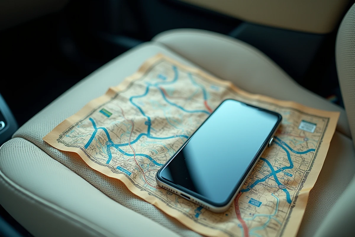 Carte routière papier et smartphone avec GPS côte à côte sur le siège passager d'une voiture