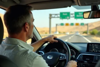 Conducteur sur une autoroute espagnole approchant d'un poste de péage avec paysage aride en arrière-plan