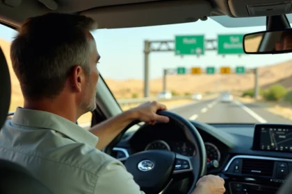 Conducteur sur une autoroute espagnole approchant d'un poste de péage avec paysage aride en arrière-plan
