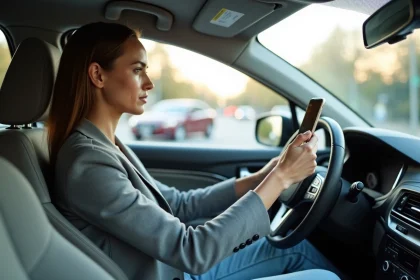 Conductrice consultant une application GPS sur smartphone monté sur tableau de bord en milieu urbain