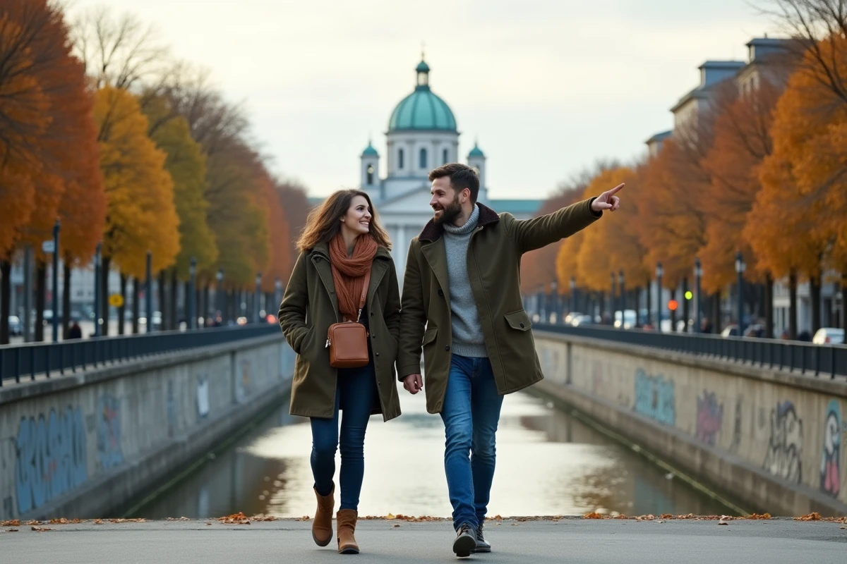 Couple de touristes en transit sur un pont au-dessus du canal du Danube à Vienne en Autriche