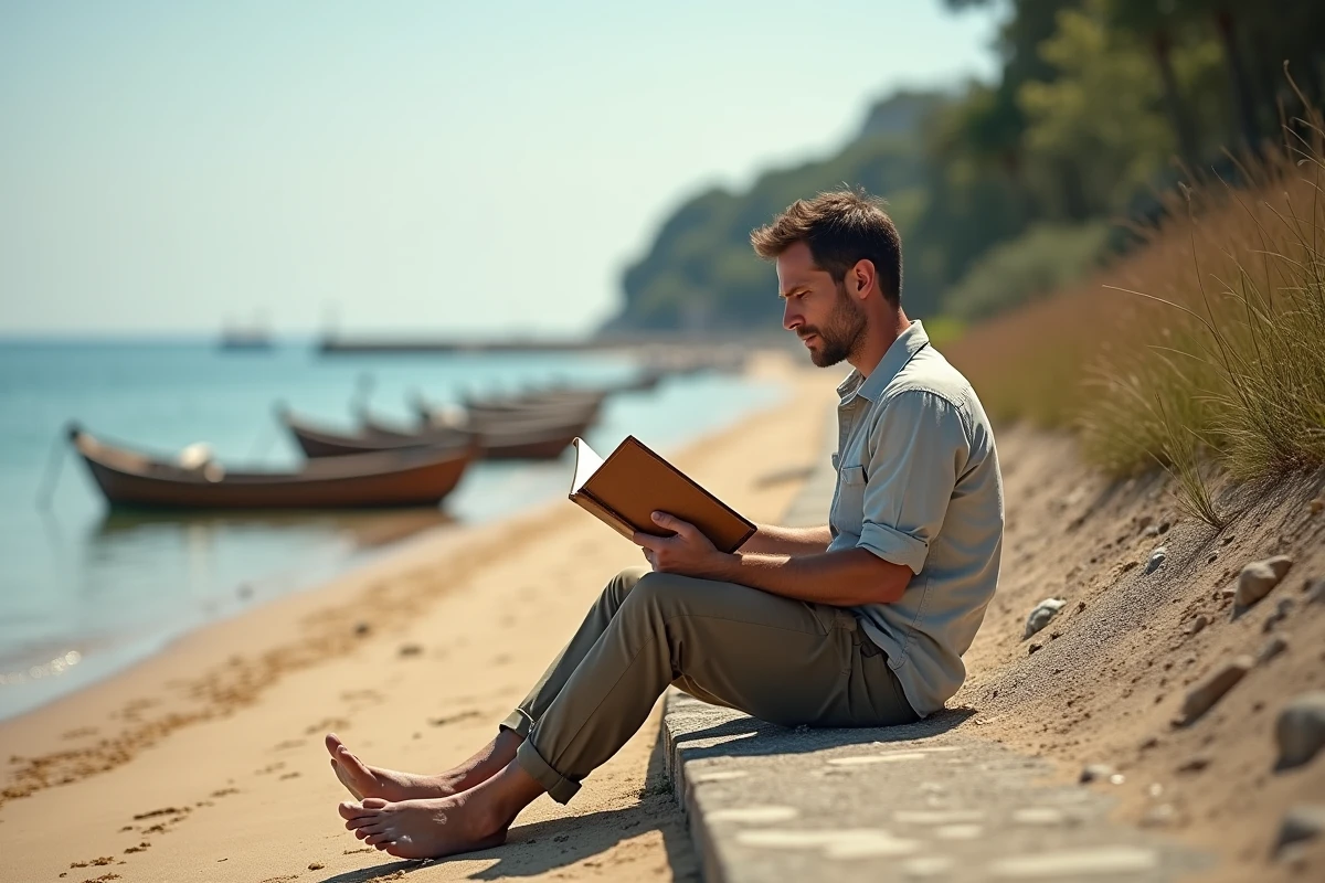 Homme lisant un livre sur un muret à la plage de Conleau à Vannes, pieds dans le sable face aux eaux calmes du golfe du Morbihan