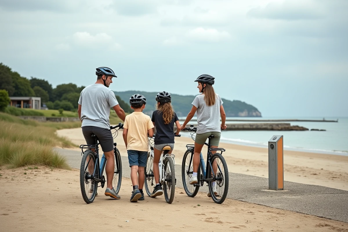 Famille arrivant à vélo à la plage de Conleau à Vannes, attachant leurs vélos près de la plage du golfe du Morbihan