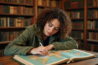 Femme consultant un atlas géographique vintage dans une librairie pour trouver des villes et pays commençant par la lettre X