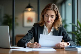 Femme d'âge moyen examinant des documents médicaux dans un bureau moderne