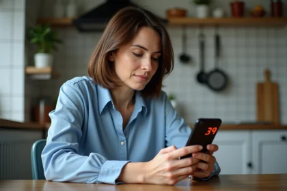 Femme d'âge moyen lisant son smartphone dans la cuisine