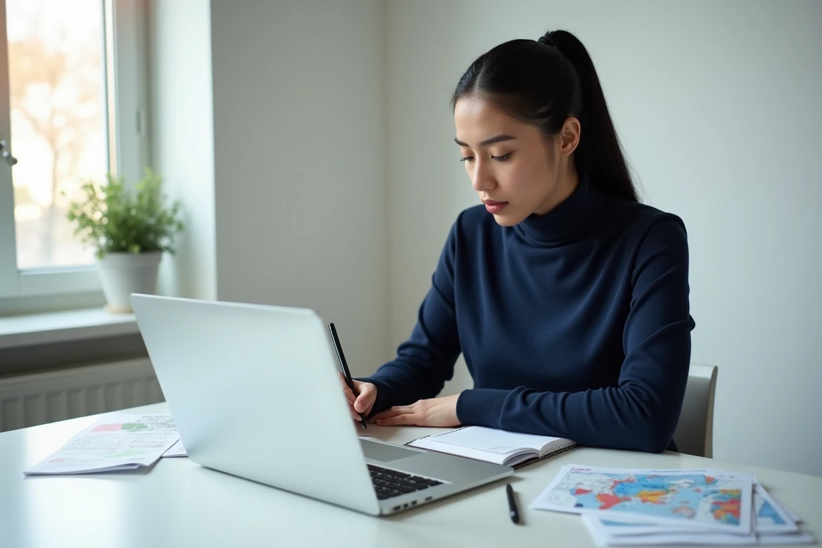 Jeune femme prenant des notes sur des villes et pays en X devant un ordinateur portable dans un bureau minimaliste
