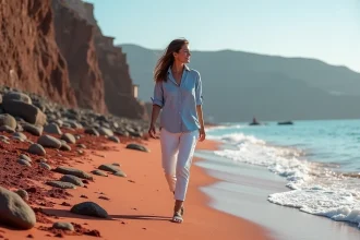 Jeune femme marchant sur la plage de Santorini avec vue sur la caldeira