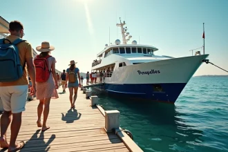 Ferry blanc et bleu pour Porquerolles au départ du port de Hyères avec des passagers embarquant sur le ponton