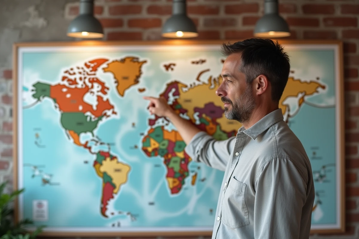 Homme debout devant une grande carte du monde pointant des régions géographiques avec des noms de villes en X