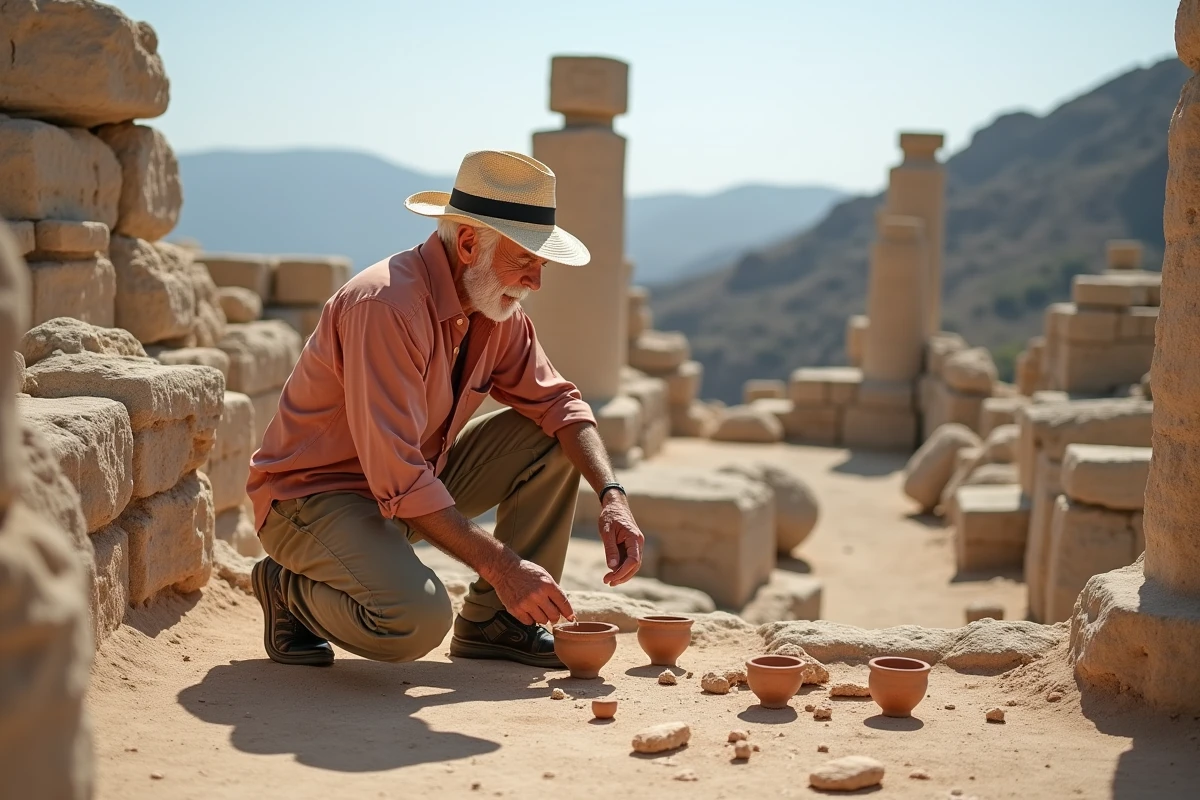 Homme âgé examinant des fragments de poterie dans les ruines d