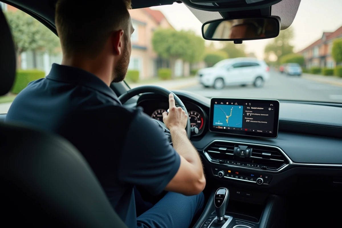 Homme utilisant le GPS intégré d'un véhicule moderne sur écran tactile du tableau de bord