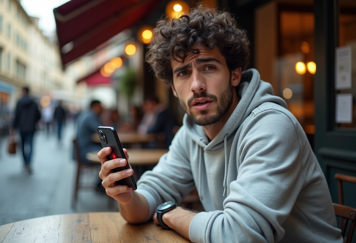 Jeune homme au café regardant son téléphone avec inquiétude