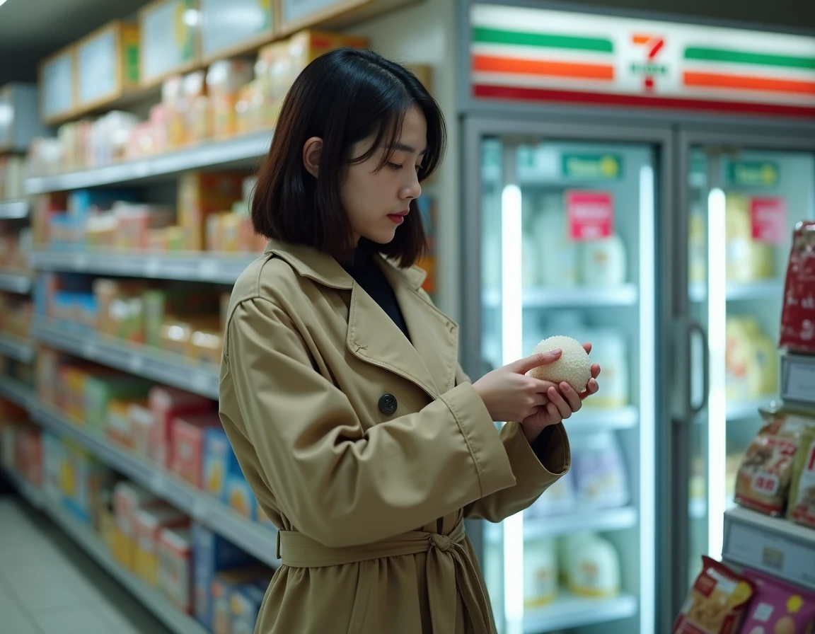 Jeune femme dégustant un onigiri dans un konbini japonais ouvert la nuit à Tokyo, ambiance authentique de convenience store