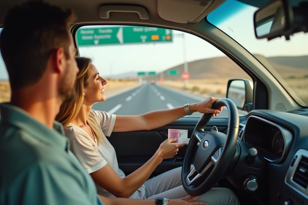 Couple en voiture payant un péage sur une autoroute espagnole avec panneau de péage et paysage aride en arrière-plan