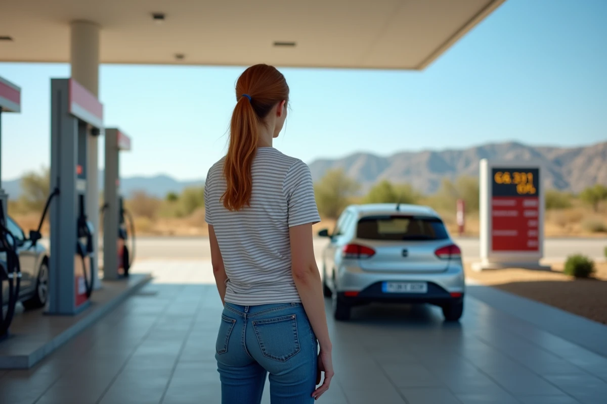 Femme faisant le plein d'essence dans une station-service espagnole avec panneau d'affichage des prix du carburant visible
