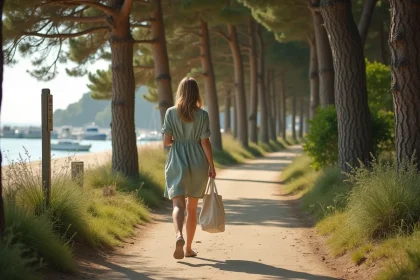 Femme se promenant sur le sentier piéton menant à la plage de Conleau à Vannes, entourée d'arbres et de voiliers au loin