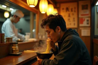 Homme mangeant un bol de ramen dans un restaurant japonais de nuit à Tokyo, vapeur au-dessus du bol et décor authentique en bois